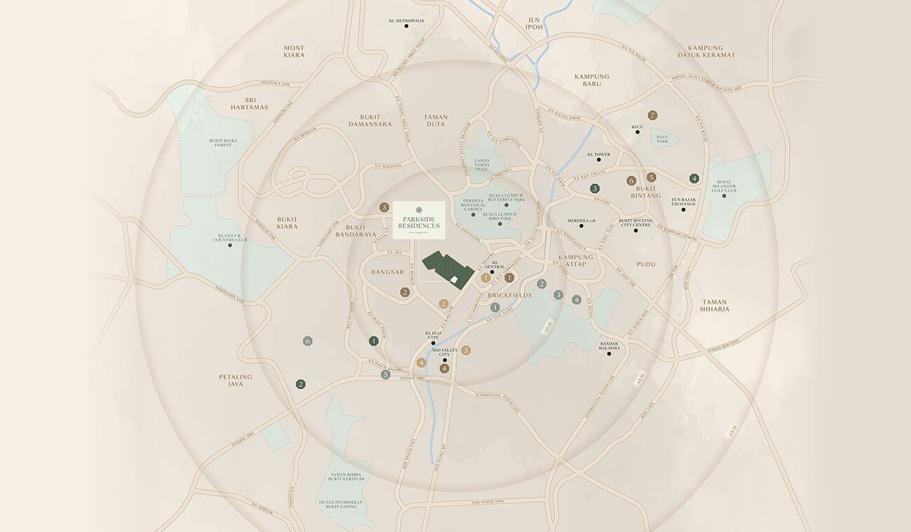 Area overview map showing Parkside Residences near Bangsar, KL Sentral, Brickfields, Mid Valley and central Kuala Lumpur